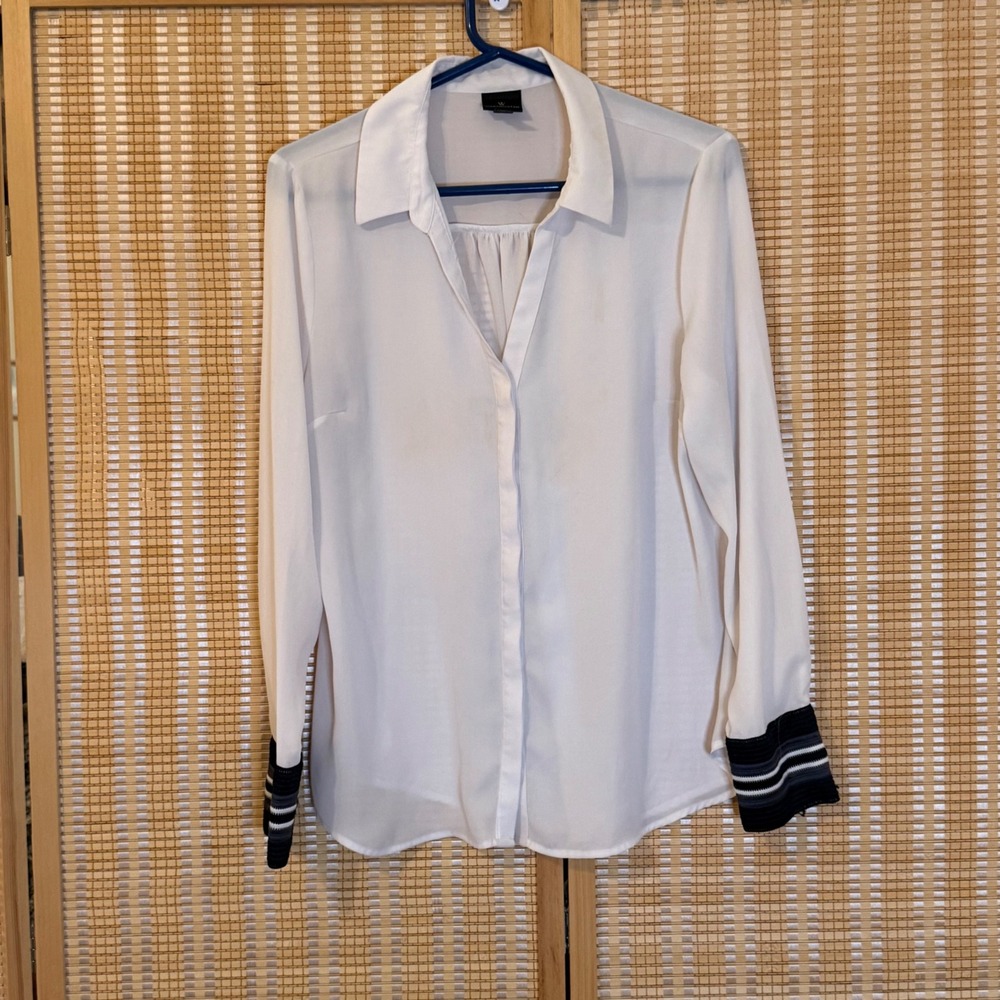 Worthington Womens White V-Neck Blouse‎ Striped Knit Cuff Long Sleeve Large